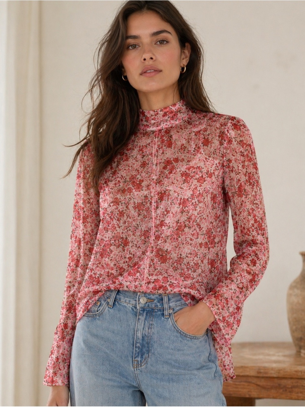 ANNIEWEAR Floral Sheer Long Sleeve Top in Pink and Red Size-Large Parisian Chic